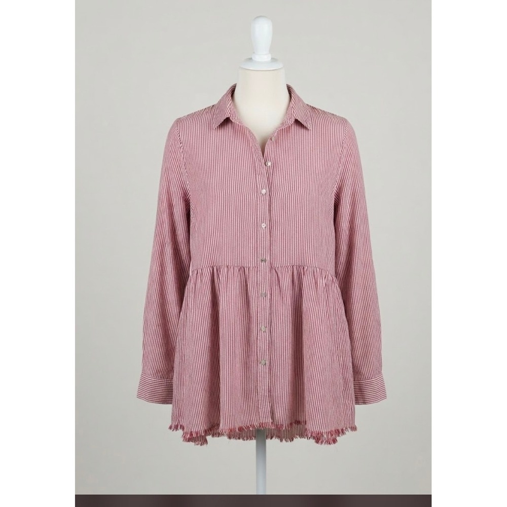 True Craft Red White Striped Babydoll Tunic Blouse Frayed Hem 3X Womens